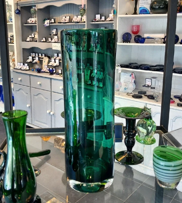 Tall Cylindrical Green Heavy Set Blue Glass Vase - Exclusive!