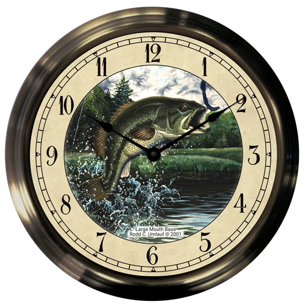 14" Largemouth Bass Antique Brass Fishing Clock