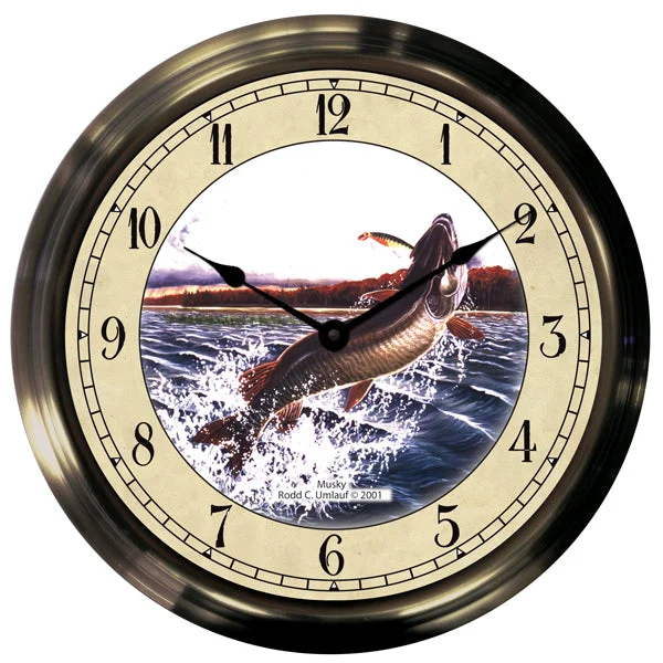 14" Musky Antique Brass Fishing Clock