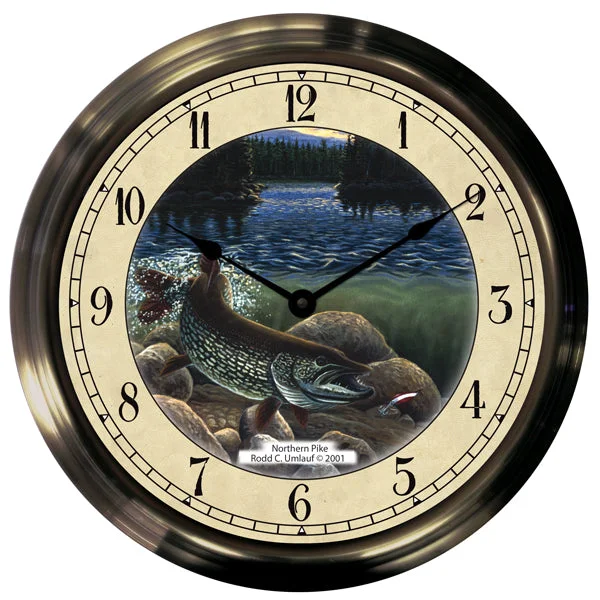 14" Pike Antique Brass Fishing Clock