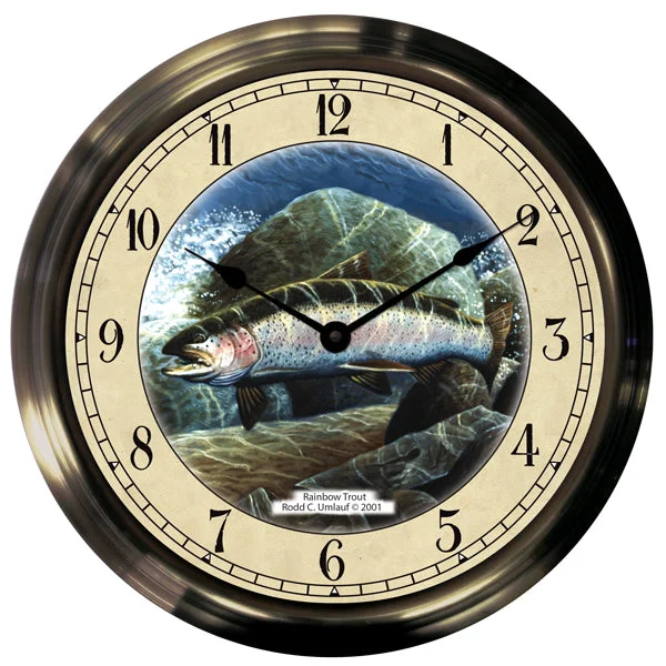 14" Rainbow Trout Antique Brass Fishing Clock