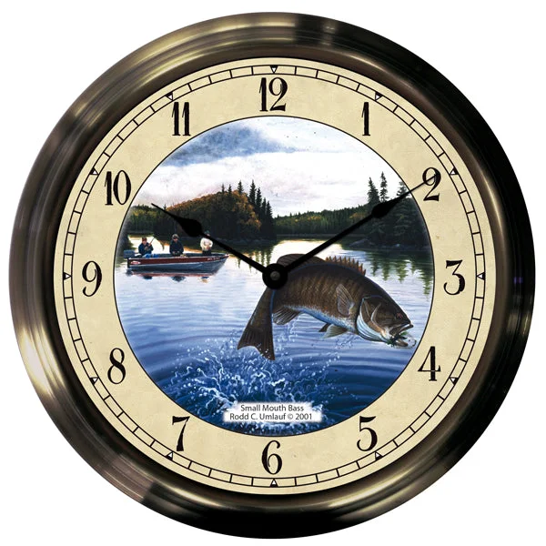 14" Smallmouth Bass Antique Brass Fishing Clock