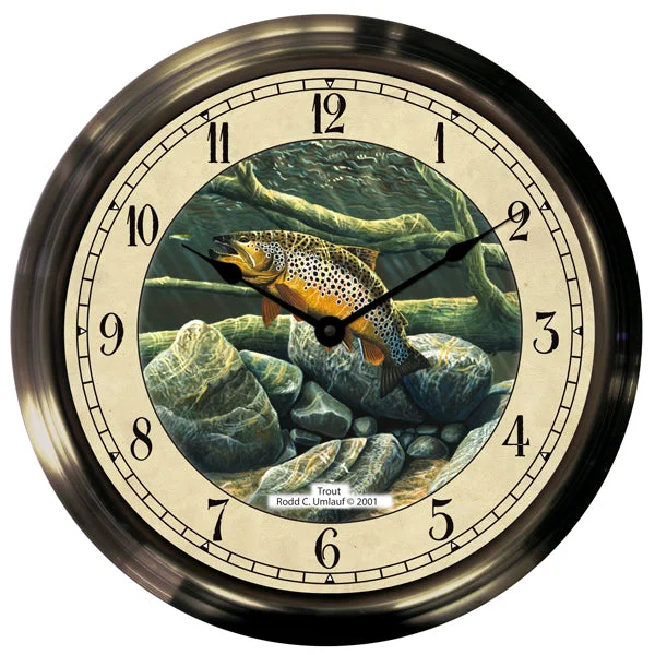 14" Underwater Trout Antique Brass Fishing Clock