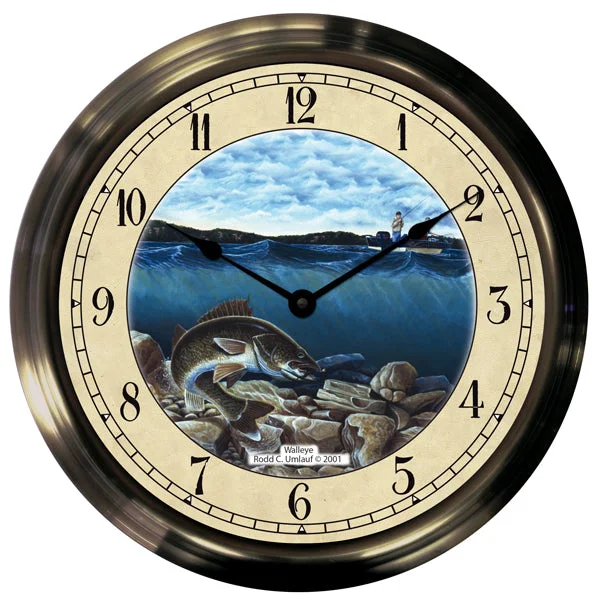 14" Walleye Antique Brass Fishing Clock