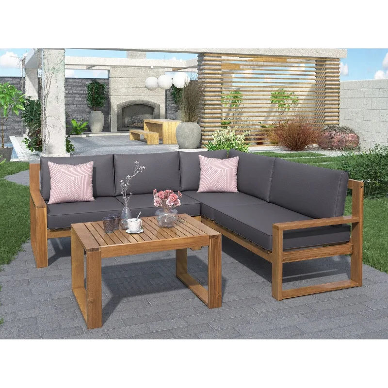 3PCS Acacia Patio Sofa Set with 2 Cushioned Sofas&1 Coffee Table, Gray