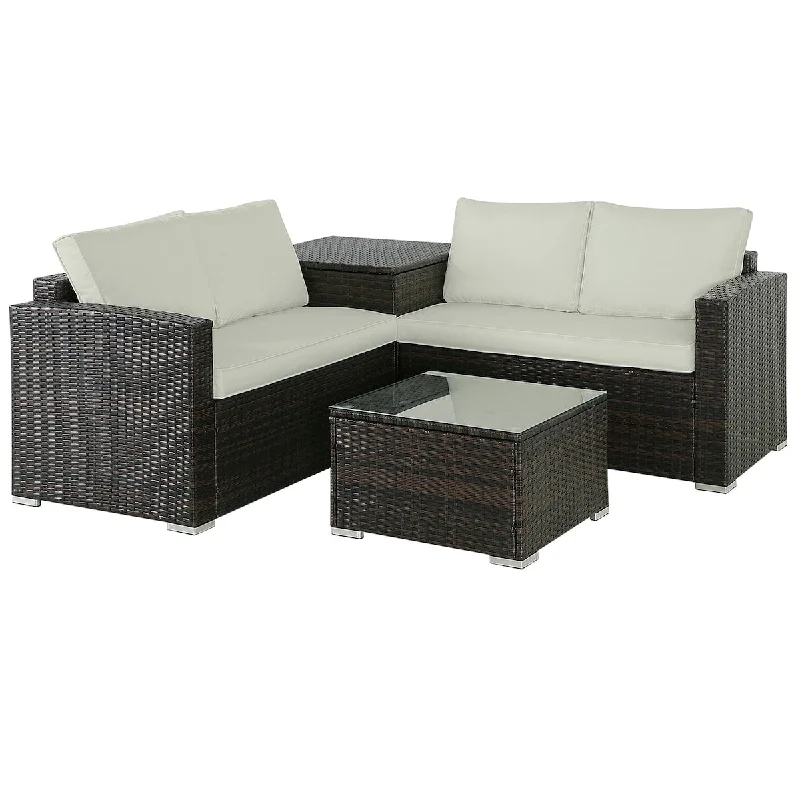 4-Piece Outdoor Rattan Furniture Sets with 2 Corner Loveseats, 1 Storage Box, 1 Coffee Table & Cushions