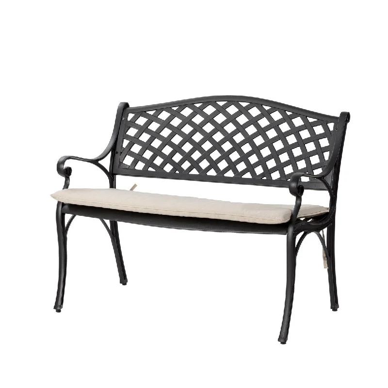 40"L Outdoor Elegant Cast Aluminium Bench with Beige Olefin Cushion by Elm Plus