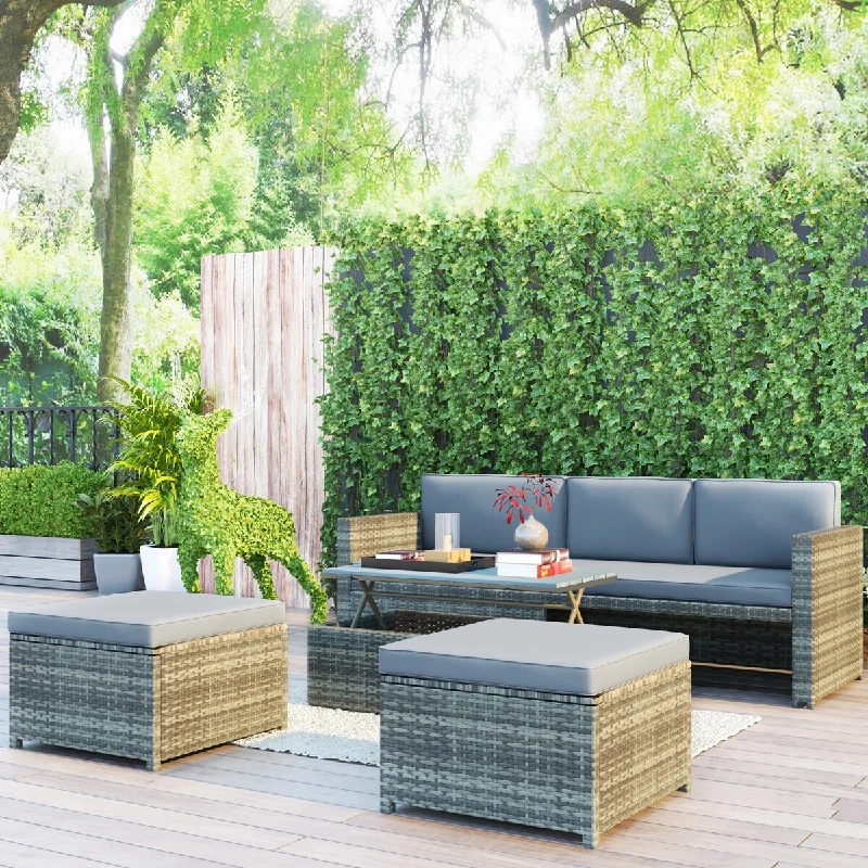 4PCS Backyard Cushioned Rattan Sofa Set with Retractable Table - Gray