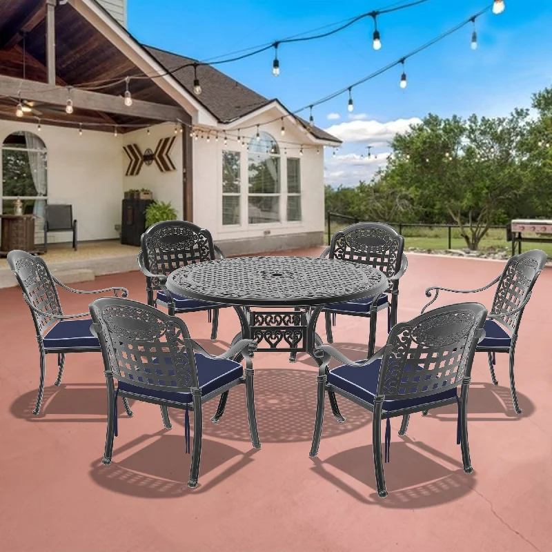 5/7-Piece Cast Aluminum Outdoor Dining Set with 47.24 in. Round Table and Random Color Cushions