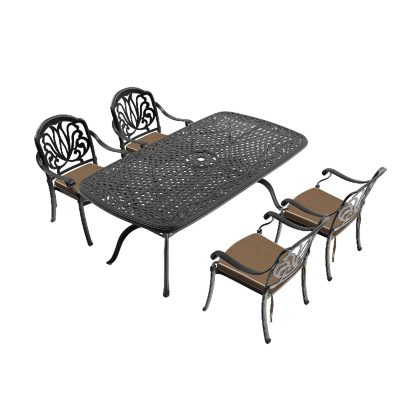 5/7-Piece Cast Aluminum Outdoor Dining Set with 72.44'' L X 35.43'' W Rectangular Table and Random Color Seat Cushions