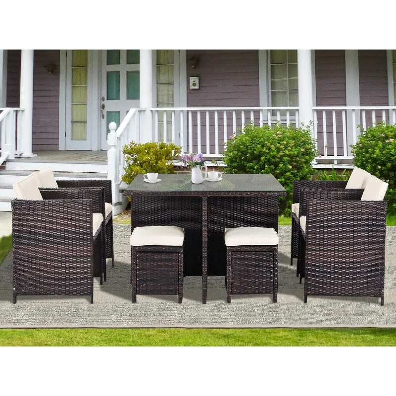 9-Piece Patio Rattan Dining Set with Dining Table and 4 Chairs, Outdoor Set with 4 Ottomans and Removable Cushions