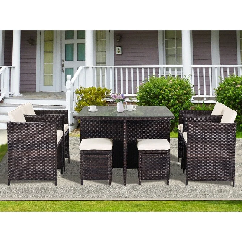 9-Piece Rattan Conversation Seating Group with Cushions, Dining Set