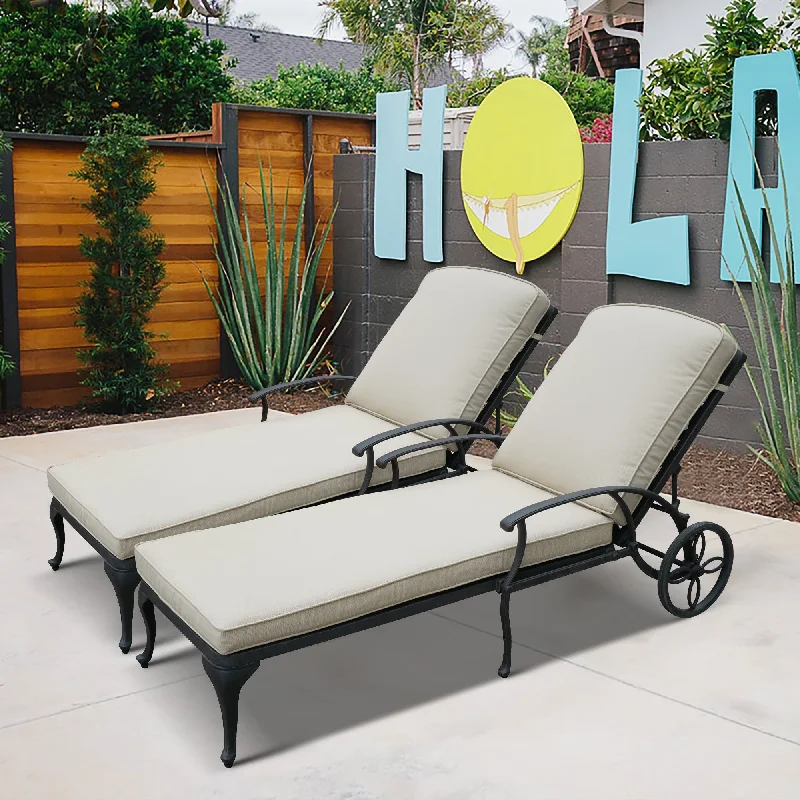 Aluminum Reclining Outdoor Chaise Lounge with Wheels and Cushions (Set Of 2)