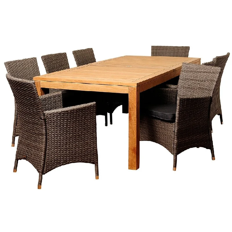 Derrick 9-Piece Teak Wicker Rectangular Outdoor Patio Furniture Dining Set with Grey Cushions