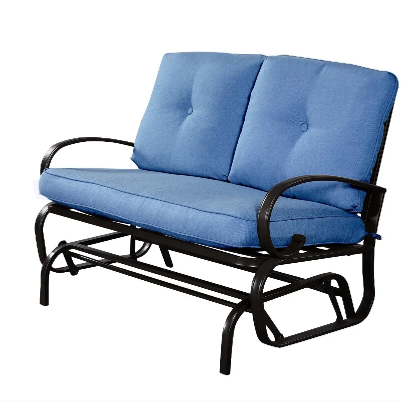 Glider Outdoor Patio Rocking Bench Loveseat Cushioned Seat Steel Frame Blue