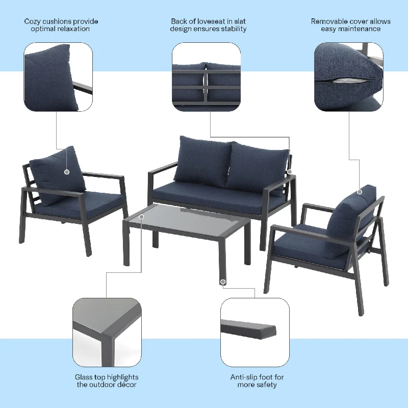 Outdoor 4-piece Cushioned Aluminum Conversation Set