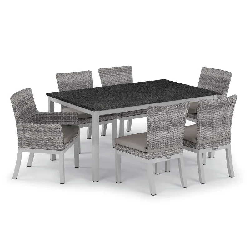 Oxford Garden Travira 7-piece 63-in x 40-in Lite-Core Table & Argento Resin Wicker Arm & Side Chair Set - Stone Cushions