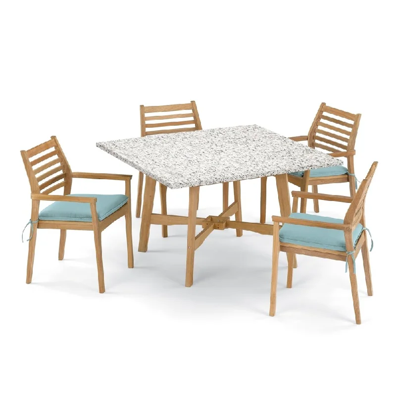 Oxford Garden Wexford 5-piece 48-in Lite-Core Ash Table Dining Table & Mera Stacking Armchair Set - Canvas Mineral Blue Cushions