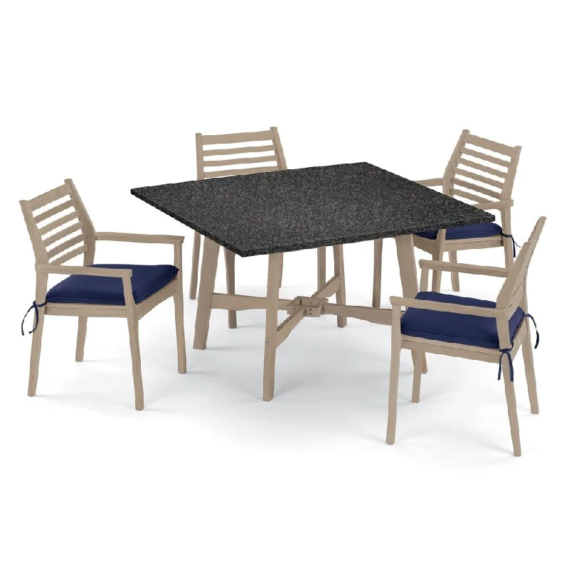 Oxford Garden Wexford 5-piece 48-inch Lite-Core Dining Table & Mera Shorea Stacking Armchair Set - Navy Blue Cushions