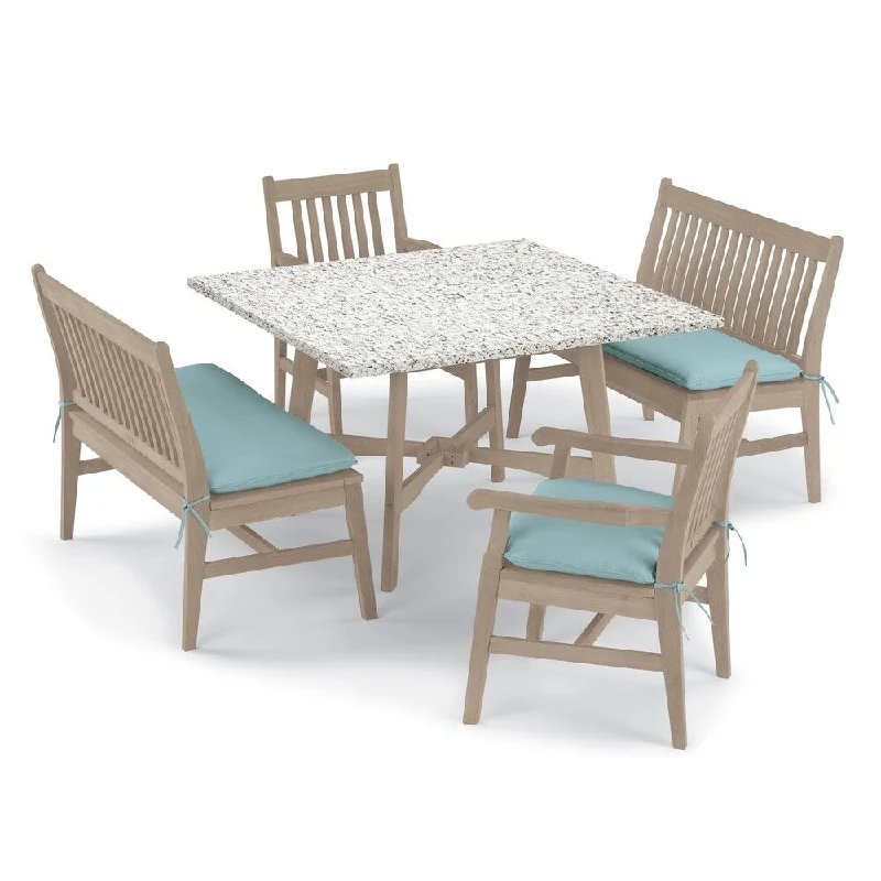 Oxford Garden Wexford 5-piece Lite-Core Ash Table, Shorea Grigio Chair and Bench Dining Set - Canvas Mineral Blue Cushions