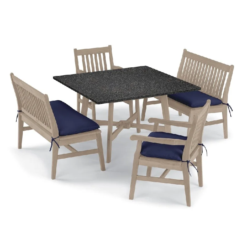 Oxford Garden Wexford 5-piece Lite-Core Charcoal Table, Shorea Grigio Chair and Bench Dining Set - Navy Blue Cushions