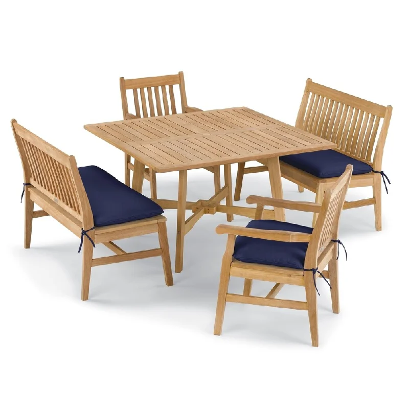 Oxford Garden Wexford 5-piece Shorea Natural Table, Chair, and Bench Dining Set - Navy Blue Cushions