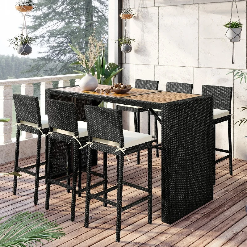 Patio 7-Piece Rattan Dining Table Set, PE Wicker, Beige Cushion