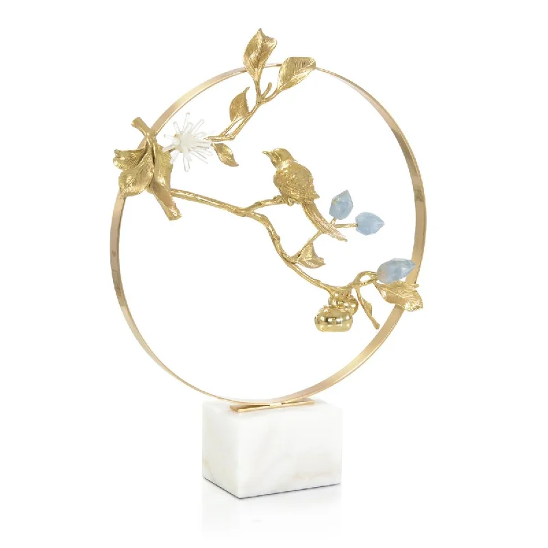 BRASS BIRD AND CYANITE FLOWERS SCULPTURE