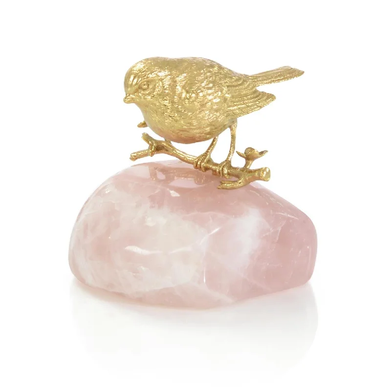 BRASS BIRD ON ROSE QUARTZ SCULPTURE