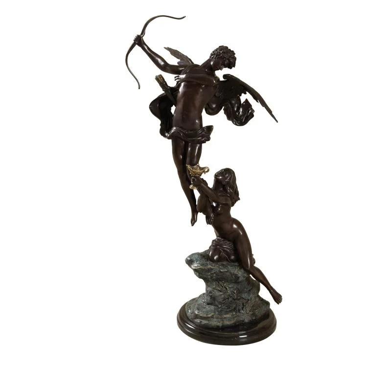 Maitland Smith Cupid Sculpture – Dark Bronze and Verdigris Patina Brass on Black Marble Base