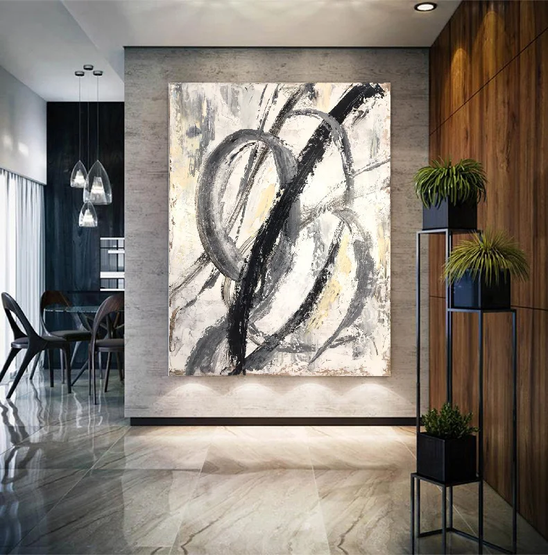 Black and White Abstract Painting Beige Paintings on Canvas Kp047