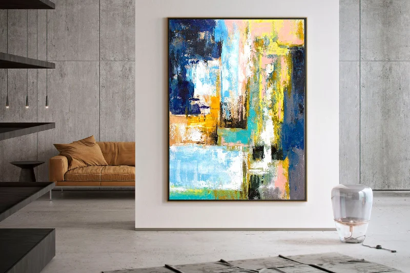 Blue White Yellow Contemporary Painting Original Abstract Art Kp078