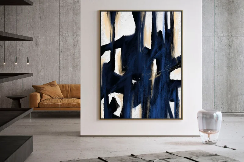 Deep Blue Beige White Abstract Painting Large Artwork Kp092