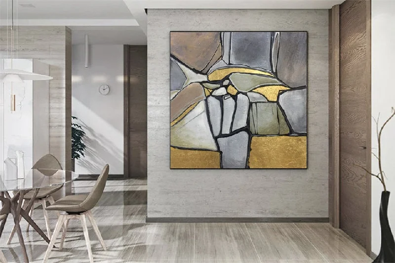 Gold Gray Brown Abstract Painting on Canvas Kp043