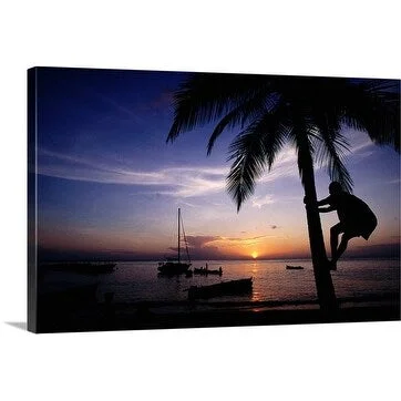 Holger Leue Premium Thick-Wrap Canvas entitled Palm tree in the sunset, St. Lucia, Caribbean