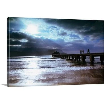 Linda Ching Premium Thick-Wrap Canvas entitled People walking on pier in Hawaii with waves crashing