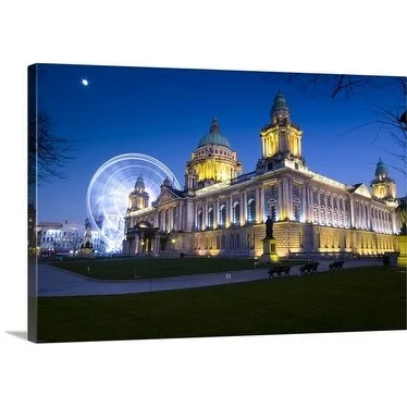 Premium Thick-Wrap Canvas entitled An illuminated view of Belfast City Hall, with the spinning Belfast wheel