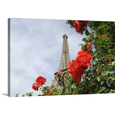 Premium Thick-Wrap Canvas entitled Eiffel Tower and red roses, Paris, France