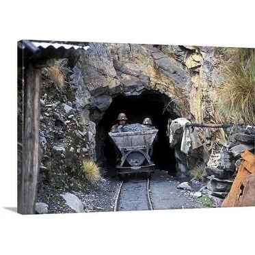 Premium Thick-Wrap Canvas entitled Goldminers pushing gravel cart out of tunnel. Sorata Coop mining, Andes, Bolivia