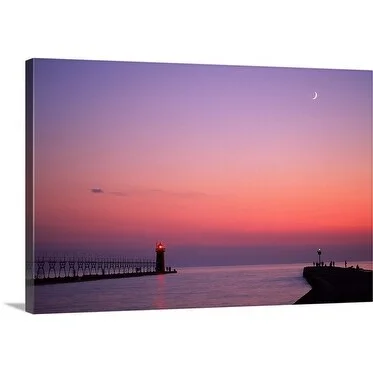 Premium Thick-Wrap Canvas entitled Lighthouse at sunset w/ moon, South Haven, MI