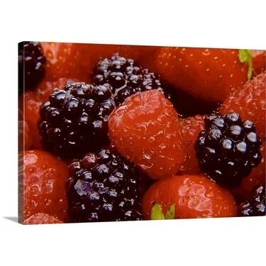 Premium Thick-Wrap Canvas entitled Raspberries, Blackberries and Strawberries. Close up of washed soft fruit