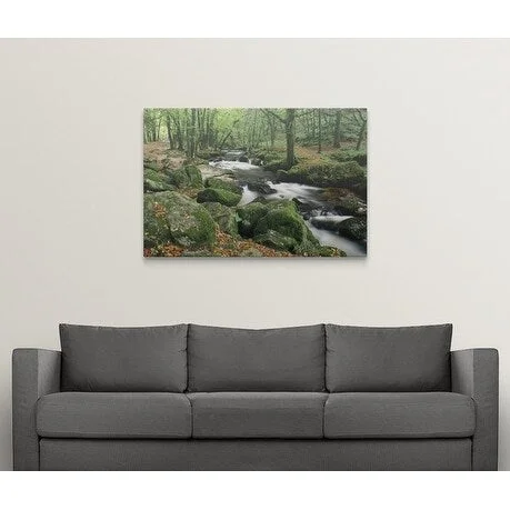 Premium Thick-Wrap Canvas entitled Woodland stream running through Golitha Falls near Bodmin Moor in Cornwall.