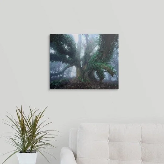 Rob Blakers Premium Thick-Wrap Canvas entitled Tree trunk with green foliage in a misty forest